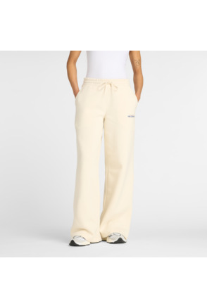 New Balance Dames Wijde Broek Sweatpant Creme Essentials Stacked Logo French Terry