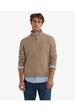 Cable Zip Mock Sweater 100% Lambswool Heren